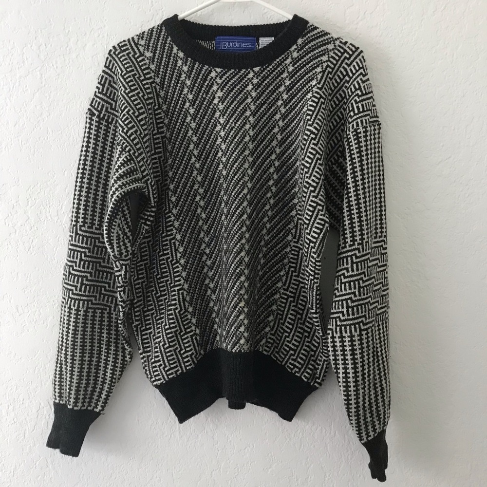 Vintage Grandpa Cosby Sweater Wool Acrylic Burdines Boho Black White Size Medium